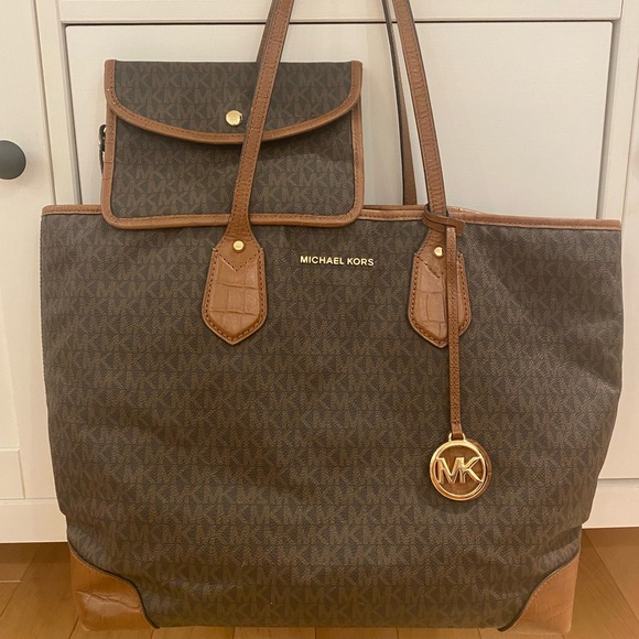 MICHAEL KORS Signature Eva Tote Shoulder Bag w/ Embossed Croc Leather Trim - Picture 1 of 16